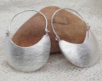 Sterling Silver Half Moon Statement Hoop Earrings, Handmade Large Elegant Boho Brushed Shiny Silver Crescent Hoops, Gift for Her