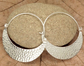 Sterling Silver Moon Crescent Hoops Earrings, Handmade Elegant Boho Staement Large Hammered Shinny Silver, Two Optional Sizes, Gift for Her