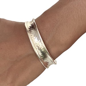 Hammered Sterling Silver Handmade 1/2  inches Wide Cuff Bracelet, Minimalist Shiny Silver Slight Concave and Framed Edges, Gift for Her