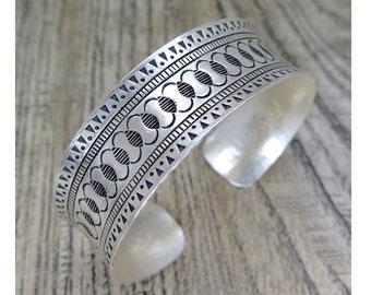 Sterling Silver Wide Cuff Bracelet Decorated with Geometric Engraving, Handmade Boho Ethnic Silver Statement Cuff Bangle , Gift for Her