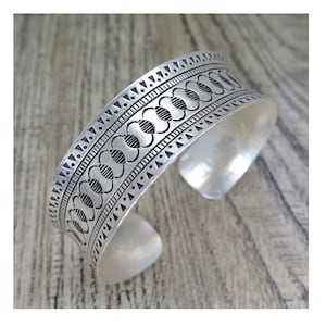 Sterling Silver Wide Cuff Bracelet Decorated with Geometric Engraving, Handmade Boho Ethnic Silver Statement Cuff Bangle , Gift for Her