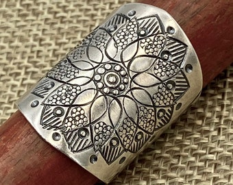 Sterling Silver Mandala Flower Boho Statement Ring, Ethnic Hippie Gypsy Wide Band Adjustable Solar Ring, Also as Thumb ring, Gift for Her