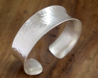 Handmade Hammered Sterling Silver Wide Cuff Bracelet Minimalist Shiny Silver Slight Concave Edges, Boho Elegant, Gift For Her