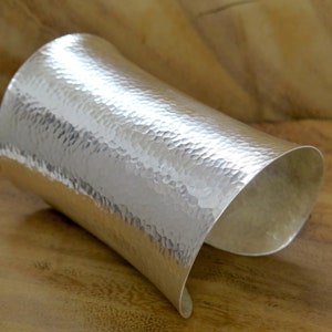 Hammered Shiny Sterling Silver Extra Wide Cuff Bracelet, Handmade Boho Hippie Statement Cuff, 4 5/16 inches Wide, Gift for Her