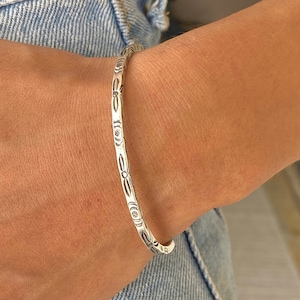 Sterling Silver Boho Floral Cuff Bracelet, Handmade Ethnic Hippie Square Bangle with oxidized flowers engraving, adjustable, Gift for Her