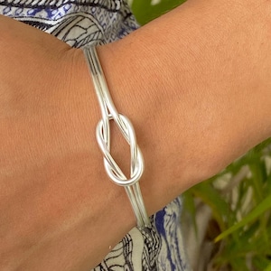 Handmade Sterling Silver Dainty Minimalist Knot Cuff Bracelet, Simple Silver Tied Wires, Adjustable 6 3/4 inches Cuff, Gift for Her