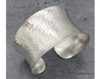Sterling Silver Wide Boho Statement Cuff Bracelet, Hammered  Shiny Silver Handmade Wide Cuff Bangle, Gift for Her