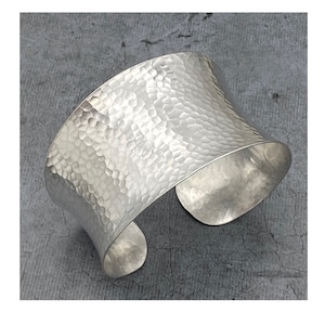 Sterling Silver Wide Boho Statement Cuff Bracelet, Hammered  Shiny Silver Handmade Wide Cuff Bangle, Gift for Her