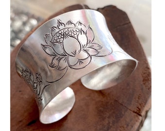 Handmade Sterling Silver Boho Wide Statement Cuff Bracelet with a Lotus Flower engraving, Buddihst Yoga Symbolic Lotus Cuff, Gift for Her