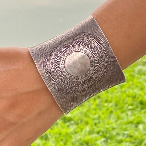 Sterling Silver Wide Boho Statement Cuff Bracelet, Handmade Engraved Mandala Oxidized Dark Silver Ethnic Tribal Hippie Cuff, Gift for Her