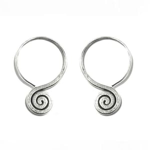 Sterling Silver Small Spiral Dangle Earrings, Handmade Tribal Rustic Small light Flat Swirl Silver Earrings