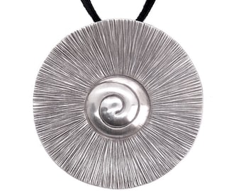 Sterling Silver Ray Spiral statement Pendant Pendant Necklace, Handmade Round Large Engraved Rays Women or Men Pendant, Gift for Her or Him