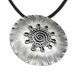 Sterling Silver Large Statement Pendant Necklace, Handmade Ethnic Tribal Boho Large Rustic Solar Flower Round Pendant, for Women or Men