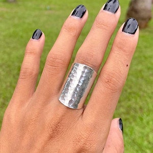 Hammered Shiny Sterling Silver Handmade Wide Band Ring, Boho Long Tube Statement Ring, Adjustable Cuff Ring, fit as Thumb ring, gift for her