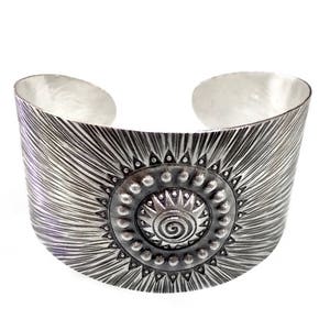 Sterling Silver Wide Boho Statement Cuff Bracelet, Hippie Ethnic Tribal Solar Star Handmade Cuff, adjustable, Engraved oxidized Dark Silver