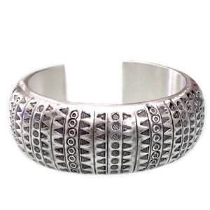 Sterling Silver Boho Statement Wide Cuff Bracelet, Handmade Ethnic Bohemian Rounded Bangle Decorated with Geometric Engraving, gift for her