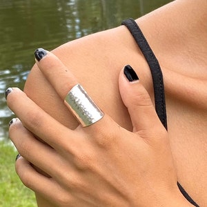 Hammered Shiny Sterling Silver Handmade Wide Band Ring, Boho Long Tube ...