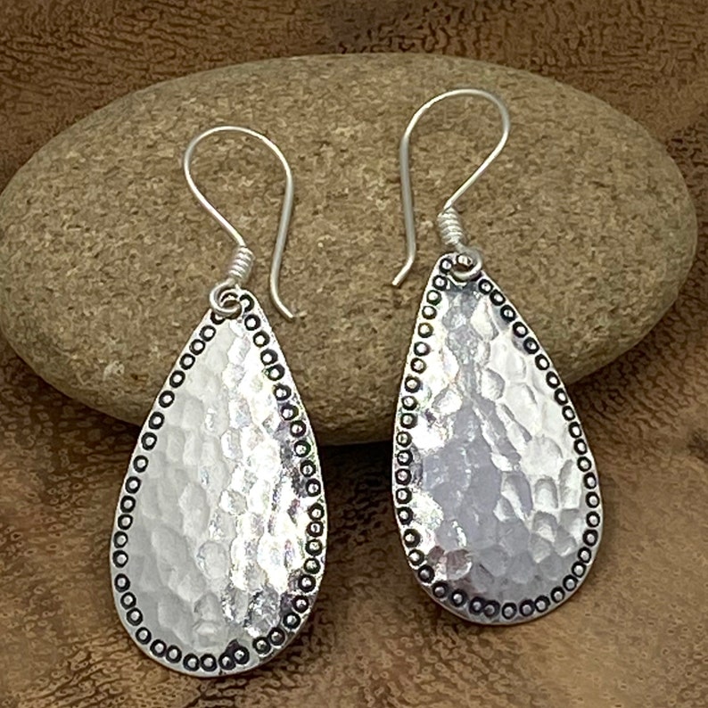 Hammered Sterling Silver Handmade Drop Shape Dangle Earrings Etsy