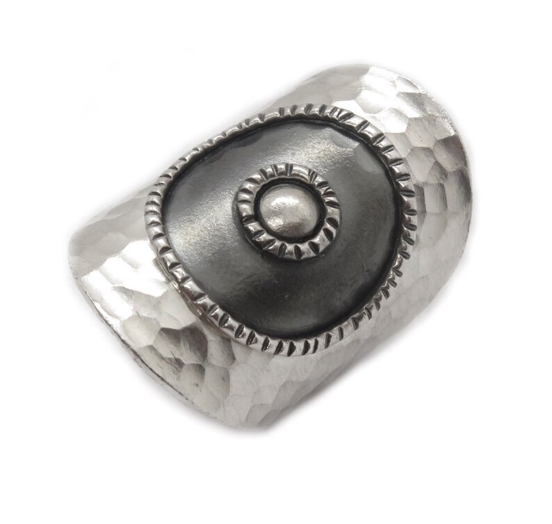 Handmade Hammered Silver Wide Wrap Band Ring Dark Black center Sterling Silver Long Boho Statement Ring also as Thumb ring Adjustable