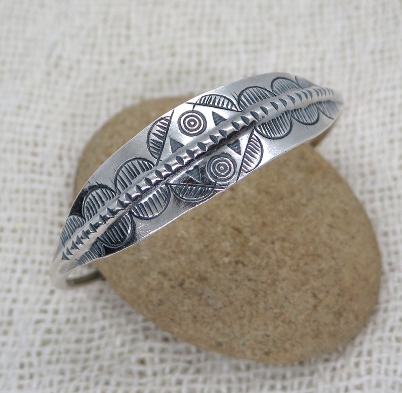 Sterling Silver Boho Cuff Bracelet With Geometric Engraving Etsy