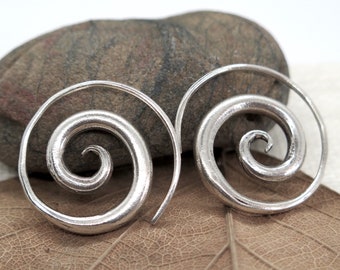 Sterling Silver Spiral Earrings, Simple Rustic Handmade Tribal Thick Spiral Hoop Swirl Coil Women or Men Earrings