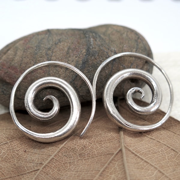 Sterling Silver Spiral Earrings, Simple Rustic Handmade Tribal Thick Spiral Hoop Swirl Coil Women or Men Earrings