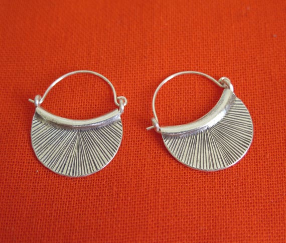 Hammered Shiny Sterling Silver Handmade Crescent Boho Hoop Statement  Earrings, Large Half Moon Shape, 1 5/8 inches, Gift for Her