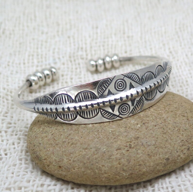 Sterling Silver Boho Cuff Bracelet With Geometric Engraving Etsy