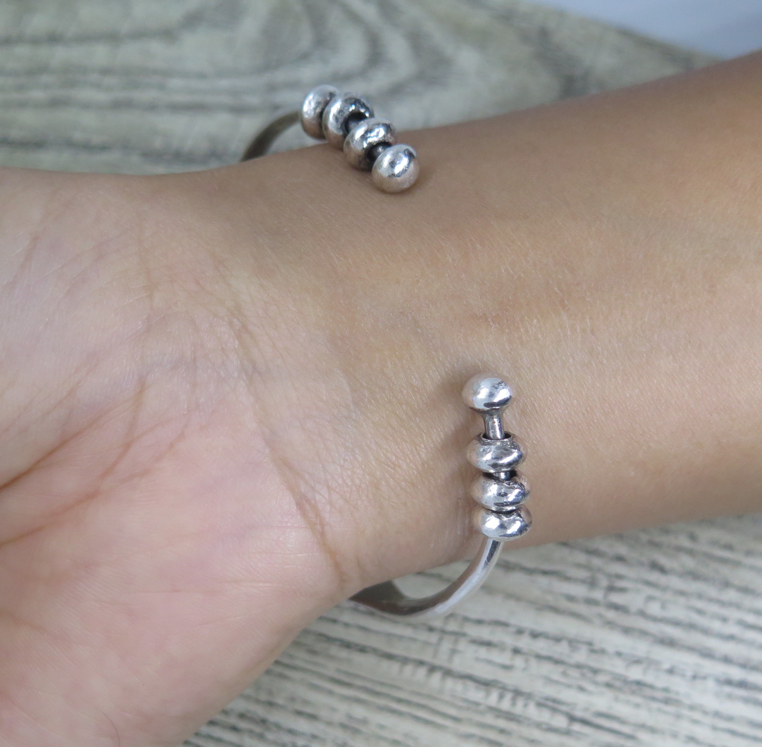 Sterling Silver Boho Handmade Leaf Cuff Bracelet with Feather Engraving and  Beads Adjustable for Women or Men, Gift for Her or Him