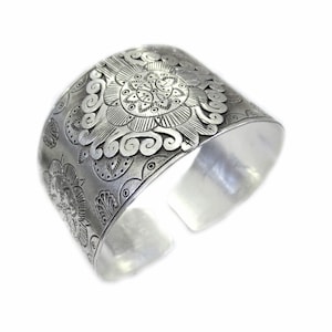 Handcrafted Wide Ethnic Sterling Silver Cuff Bracelet, Ethnic Silver Art Wide Cuff Bangle, Traditional Artistic Statement Boho Cuff Bracelet