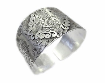 Handcrafted Wide Ethnic Sterling Silver Cuff Bracelet, Ethnic Silver Art Wide Cuff Bangle, Traditional Artistic Statement Boho Cuff Bracelet