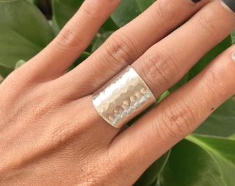 Hammered Sterling Silver Wide Band Ring, Handmade Shiny Classic Silver Adjustable Boho statement Tube Ring, Also as Thumb ring, Gift for Her