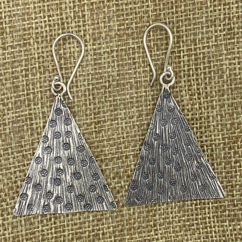 Sterling Silver Handmade Floral Pattern Triangle Shaped Leaf Boho Statement Dangle Earrings Hippie Oxidized Silver 2 long Gift for Her
