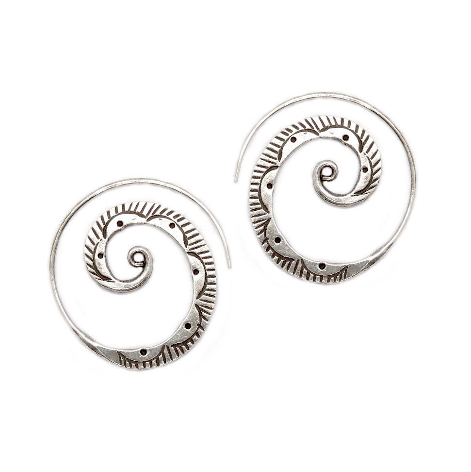 Sterling Silver Spiral Hoop earrings Handmade Boho ethnic Etsy