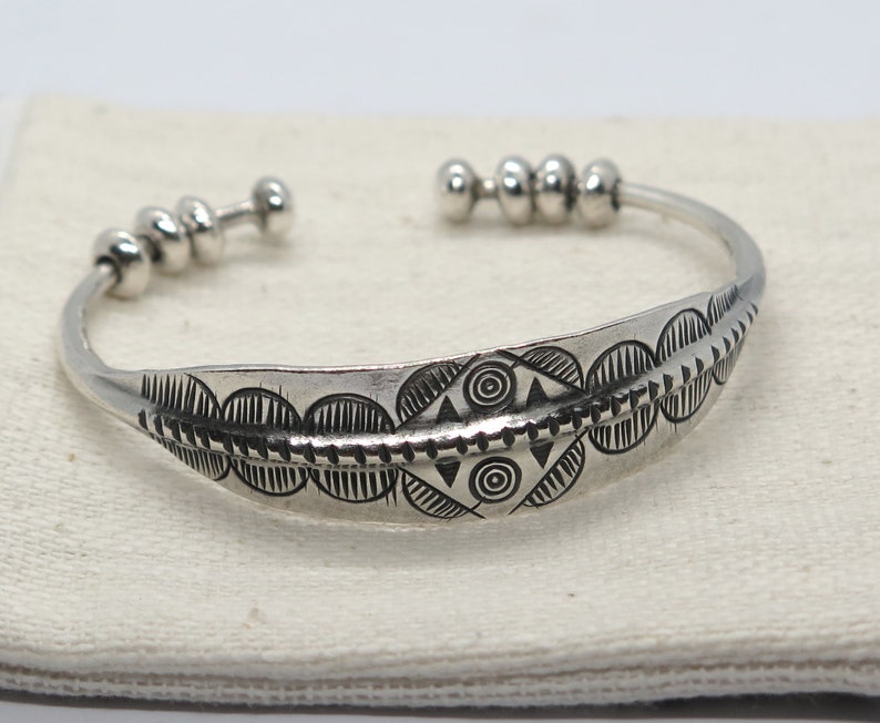 Sterling Silver Boho Cuff Bracelet With Geometric Engraving Etsy