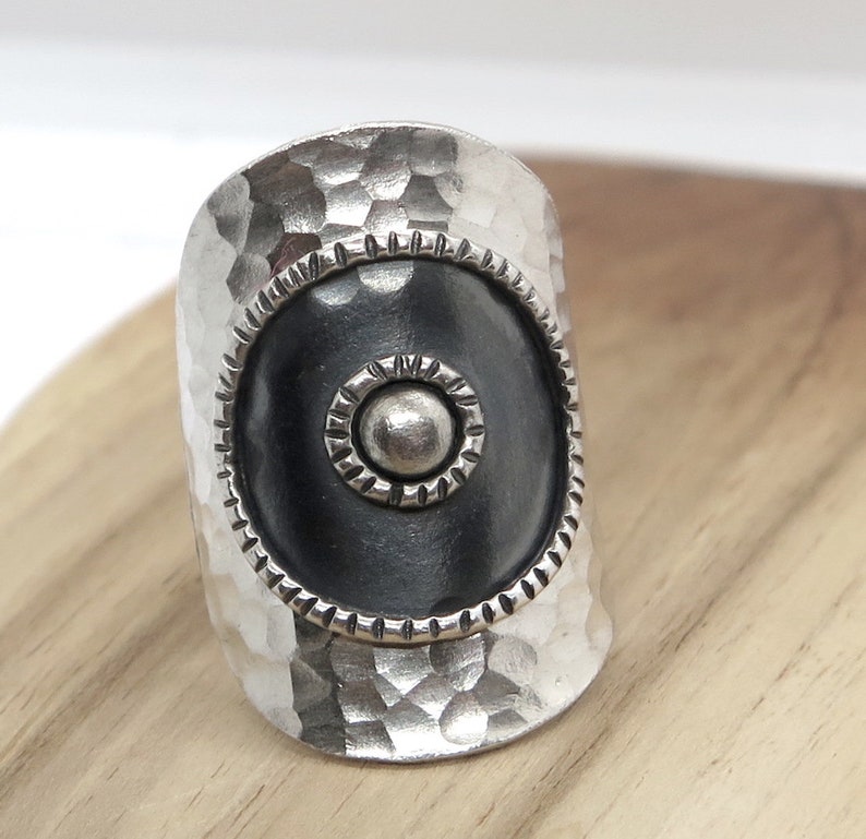 Handmade Hammered Silver Wide Wrap Band Ring Dark Black center Sterling Silver Long Boho Statement Ring also as Thumb ring Adjustable