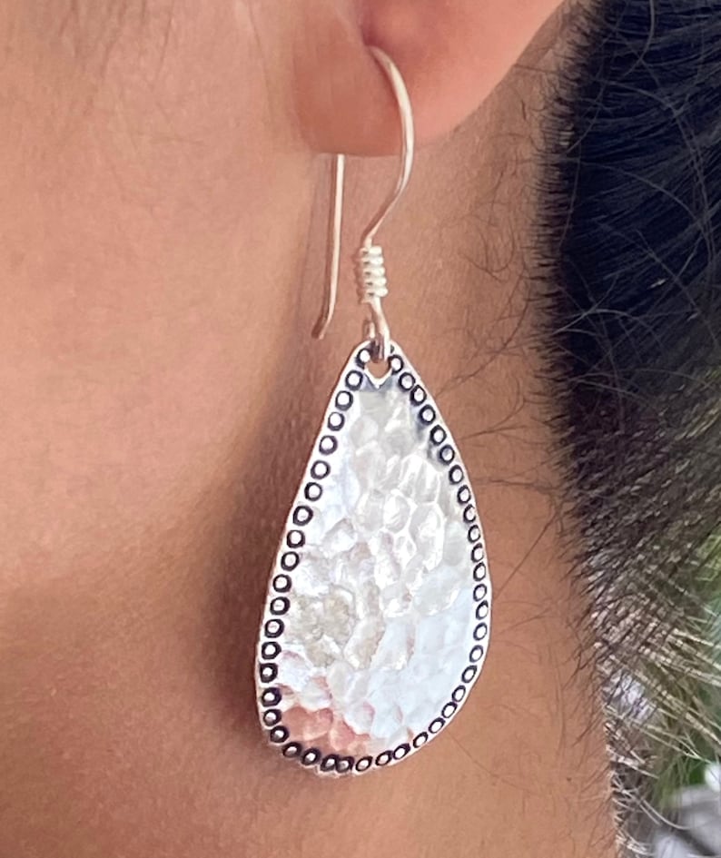 Hammered Sterling Silver Handmade Drop Shape Dangle Earrings Etsy