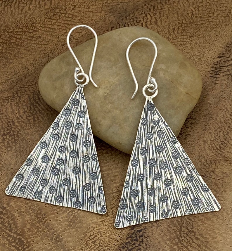 Sterling Silver Handmade Floral Pattern Triangle Shaped Leaf Boho Statement Dangle Earrings Hippie Oxidized Silver 2 long Gift for Her