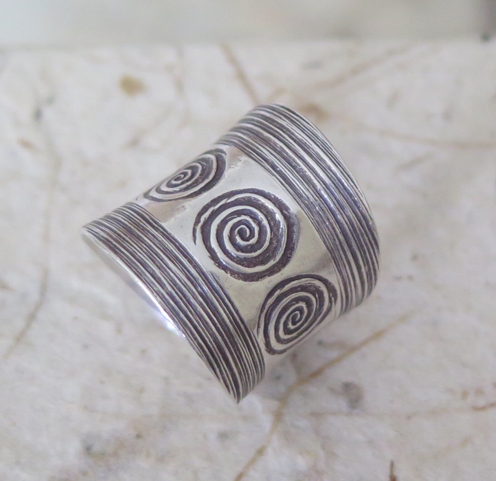 Sterling Silver Wide Band Ring, Handmade Boho Ethnic Tribal Engraved ...