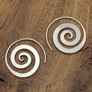 Sterling Silver Handmade Spiral Tribal Hoop Earrings, Simple Rustic flat wide Spiral swirl Fake gauges Coil Women or Men earrings, 2 sizes
