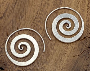 Sterling Silver Handmade Spiral Tribal Hoop Earrings, Simple Rustic flat wide Spiral swirl Fake gauges Coil Women or Men earrings, 2 sizes