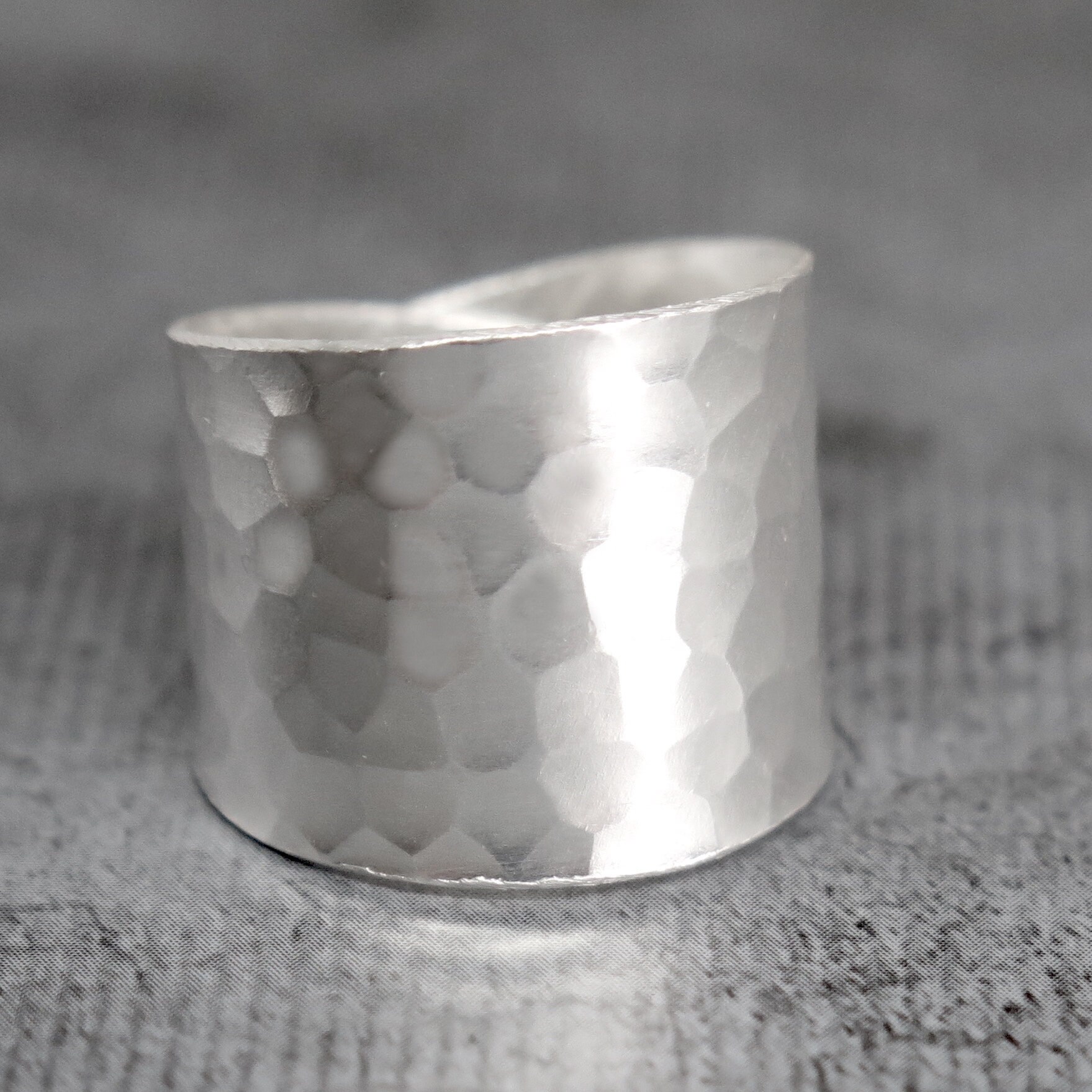 Hammered Sterling Silver Wide Band Ring, Handmade Shiny Silver Wrap ...
