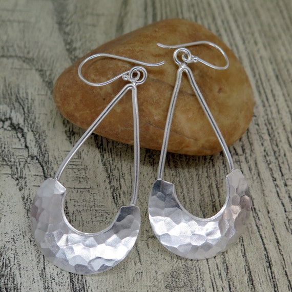 Sterling Silver Long Hammered Crescent Boho Statement Dangle Earrings Handmade Shinny Half Moon Shape Plate Bohemian Drop Earrings Etsy