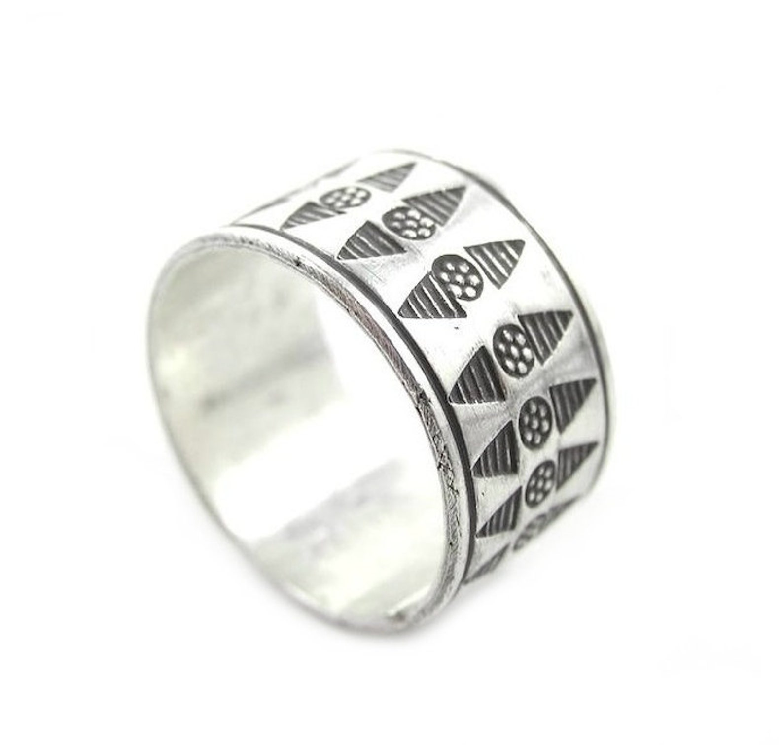 Sterling Silver Wide Band Ring, Boho Tribal Women or Men Handmade Ring ...