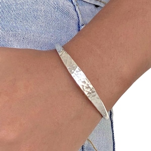 Hammered Sterling Silver Handmade Cuff Bracelet, Minimalist Simple Shiny Silver 1/4 inch Wide, Thick and Solid, Gift for Her