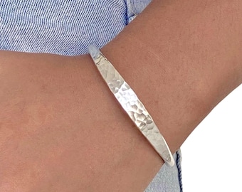 Hammered Sterling Silver Handmade Cuff Bracelet, Minimalist Simple Shiny Silver 1/4 inch Wide, Thick and Solid, Gift for Her