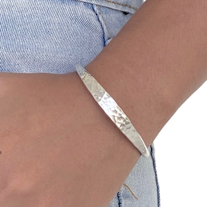 Hammered Sterling Silver Handmade Cuff Bracelet, Minimalist Simple Shiny Silver 1/4 inch Wide, Thick and Solid, Gift for Her