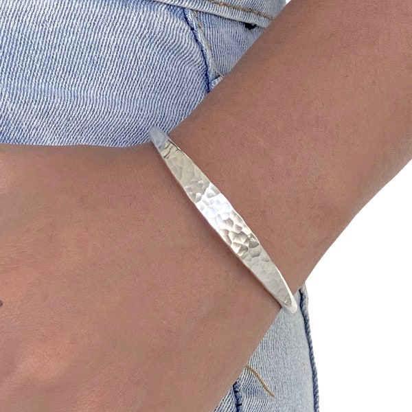 Hammered Sterling Silver Handmade Cuff Bracelet, Minimalist Simple Shiny Silver 1/4 inch Wide, Thick and Solid, Gift for Her