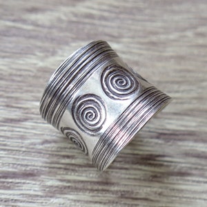 Sterling Silver Wide Band Ring, Handmade Boho Ethnic Tribal Engraved ...