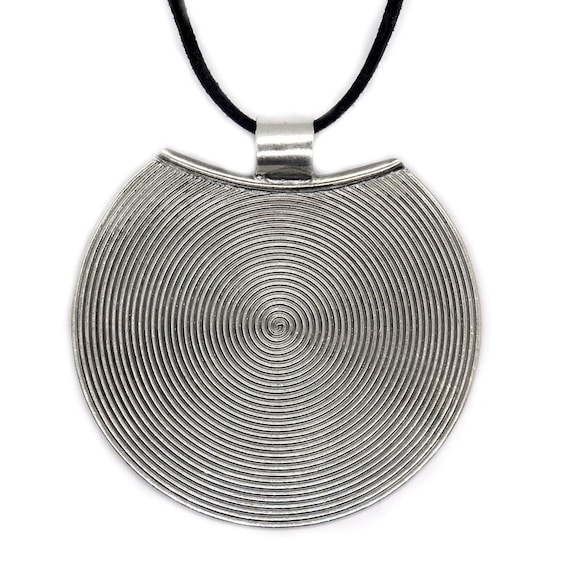 Sterling Silver Large Moon Boho Pendant choker, Black Spiral Disc Women's or Men's , 2 sizes Handmade Gypsy Pendant, Gift For Her or Him